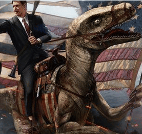 Politician riding a dinosaur
